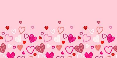 Colorful doodle seamless heart pattern on pink background. Valentines seamless pattern for background banner textiles. vector