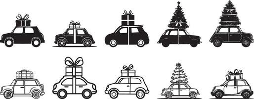 Collection of Travel suitcase tied up on mini car clean simple linear outline black vector