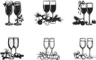 Collection of Two glasses of Champagne with a cork and baubles with ribbon and bow clean simple silhouette black vector