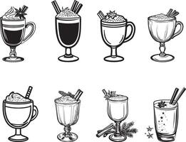Collection of Christmas eggnog with grated nutmeg and cinnamon clean simple icon silhouette black vector