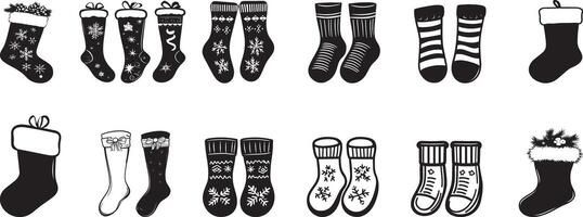Collection of Winter socks clean simple icon silhouette black vector