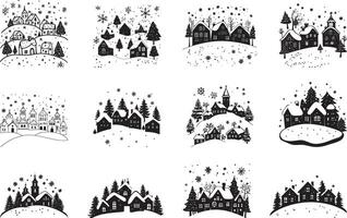 Collection of Christmas Winter Village clean simple icon silhouette black vector