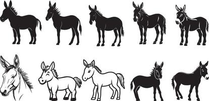 Collection of Donkey clean simple silhouette black vector