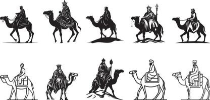 Collection of Wise man riding camel clean simple silhouette black vector