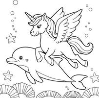 Winged Unicorn and Dolphin Coloring Page vector