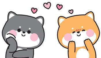 Cute shiba inu dog look each other with heart love and shy feeling. Valentines day.Japanese pet animal character cartoon design.Kawaii.Illustration. vector