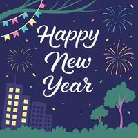 a poster with a fireworks and a banner that says happy new year. vector
