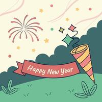 a happy new year card with a star and a banner that says happy new year. vector