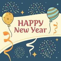 a poster with a happy new year on it with fireworks and a banner that says happy new year. vector