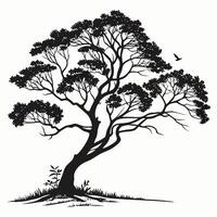 a drawing of a tree with a bird flying in the sky vector