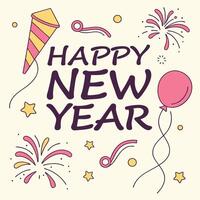 a happy new year card with a cone and fireworks in the background. vector