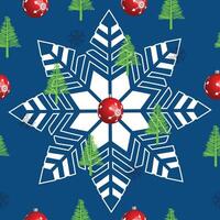 A snowflake with christmas trees and ornaments on a blue background vector