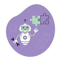 AI robot assembles puzzle. Artificial Intelligence Virtual Assistant. Business and Education Concept. Isolated illustration. vector