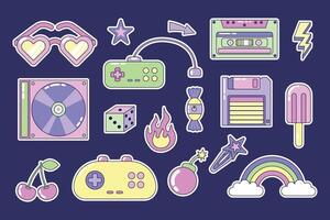 y2k elements set. Multicolored elements on dark background. Retro illustration with outline in 90s style. Isolated illustration. vector
