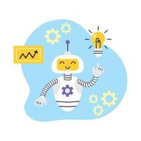AI Robot assistant points at light bulb. Artificial Intelligence Data Analytics. Business and Education Concept. Isolated illustration. vector