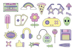y2k elements set. Multicolored elements on white background. Retro illustration with outline in 90s style. Isolated illustration. vector