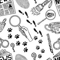 Seamless black and white pattern with newspaper, magnifier, footsteps on white. vector