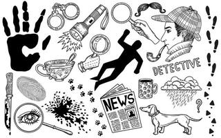 Hand drawn design set with cartoon line art illustrations of detective and crime investigation symbols vector