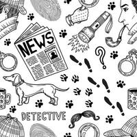 Seamless line art pattern with spy, newspaper, trained dog, footsteps vector