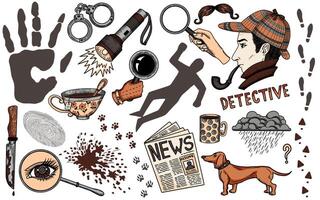 Hand drawn colorful design set with cartoon detective and crime investigation symbols vector