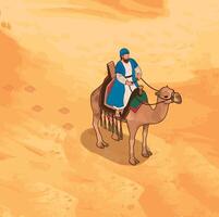 Isometric camel with companion riding in the sandy desert vector