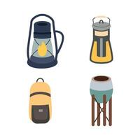 Camping Tool Elements Set of Lantern Backpack Bag Pot vector