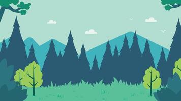 Flat Design Illustration of Green Pine Trees in Woods with Mountain View vector