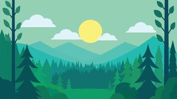 Flat Design Illustration of Green Pine Trees Mountain View in Jungle with Sun in the Sky vector