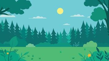 Flat Design Illustration of Green Pine Trees Nature View in Forest with Sun in the Sky vector