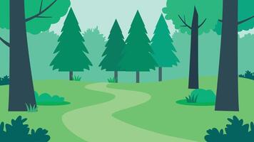 Flat Design Illustration of Nature View of Path Way with Green Pine Trees in Forest vector
