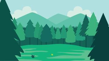 Flat Design Illustration of Green Pine Trees in Jungle with Mountain Scenery vector