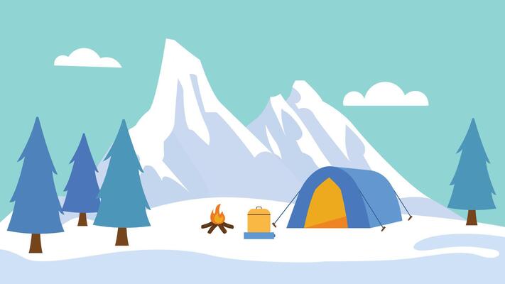 Winter Snow Panorama with Camping Camp Tent in Ice Mountain Nature Landscape with Pine Trees