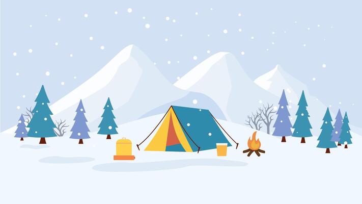 Winter Snow Vacation with Camping Camp Tent in Ice Mountain Nature Landscape with Pine Trees