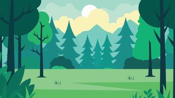 Flat Design Illustration of Green Pine Trees Mountain View in Woods with Sun in the Sky vector