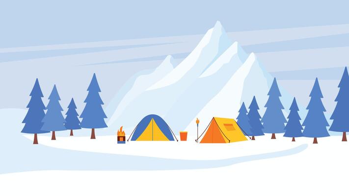 Winter Snow Season with Camping Camp Tent in Ice Mountain Nature Landscape with Pine Trees