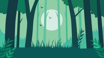 Flat Design Illustration of Nature View of Green Trees in Jungle with Big Sun in the Sky vector