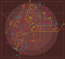Abstract city map with location peeling markers. Determining the street layout on the radar. Transport scheme of roads. Urban background vector