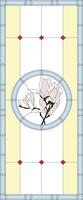 Stained glass panel in a rectangular frame. Classic window, with orchid, abstract floral arrangement of buds and leaves in the tiffany technique. Window frame border, geometric pattern vector