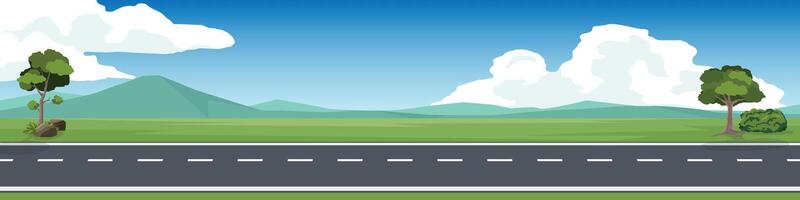 Horizontal or landscape of smooth asphalt road. On the wide grassland. There were grasses and trees growing on both sides. Softe color of mountain and blue sky with white clouds. vector