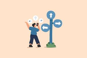 Navigation and Decision-Making at a Crossroads Illustration. A Man Stands Thoughtfully Beside a Signpost with Arrows Pointing in Multiple Directions. vector