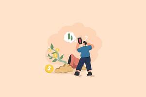 Financial Failure and Investment Loss Illustration. A Businessman Stands Beside a Crashed Dollar Tree and Falling Red Graph. vector