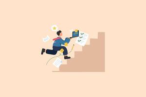Business and Career Growth Illustration. A Person Climbing Stairs with a Laptop Surrounded by Scattered Papers, Symbolizing Multitasking and Productivity. vector