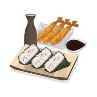 onigiri and shrimp tempura vector