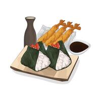 salmon onigiri with shrimp tempura vector