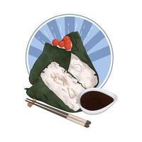 fresh salmon onigiri with soy sauce vector