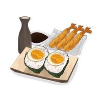 egg onigiri with shrimp tempura vector