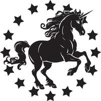 Silhouette of a flying unicorn with stars. Black silhouette on a white background. Element for creating design and decoration vector