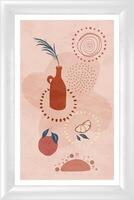 A pink and white framed print with an orange and a bottle vector