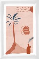 A framed art print with a palm tree and a bottle vector