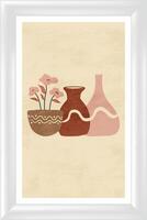 A framed print of three vases and a flower pot vector